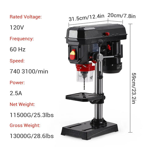 Ideally House 8 Inch Benchtop Drill Press With Powerful 2.5A Motor And Five Adjustable Speeds For Precise Wood And Metal Drilling Projects Featuring Tilting Table That Goes From Zero To Forty-Five Degrees For Angled Holes, showing specifications.