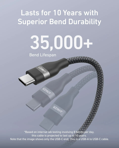 Upcycled Braided USB A To USB C Car Charger Cable 3Ft Black Tough-As-Nails Built showing bend durability of 35,000+ cycles