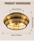 19” Boho Caged Ceiling Fan with Lights and Remote,6-Speed Flush Mount dimensions shown in a gold decorative shade, 48cm.