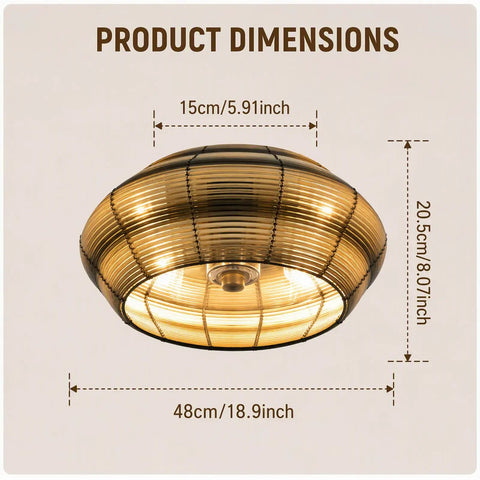 19” Boho Caged Ceiling Fan with Lights and Remote,6-Speed Flush Mount dimensions shown in a gold decorative shade, 48cm.