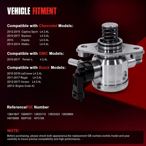 High Pressure Fuel Pump Replacement For Chevrolet Equinox Malibu Impala Captiva Sport GMC Terrain Buick LaCrosse Verano Regal 2010 2017 OE Style GDP103