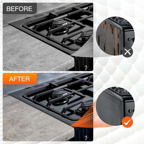 Before and after image of stove area using Stove Gap Covers 13.8 To 27.5 Inch Adjustable Black 2 Pack Gap Filler Guards