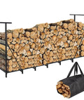 Eight Foot Outdoor Firewood Rack With Waterproof Carrier Bag And Adjustable Heavy Duty Steel Holder for Fireplace Fire Pit