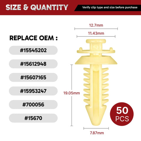 Heavy Duty Door Panel Retainer Clip Grommets For GM Truck 50 pcs yellow clip dimensions 12.7mm x 19.05mm replace OEM 15545202