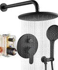 Ten Inch Wall Mount Shower Faucet Set With ABS Round Rain Head And Handheld Spray Pressure Balance Valve Hot And Cold Water Matte Black Finish Brass Construction Easy Single Handle Control Bathroom System
