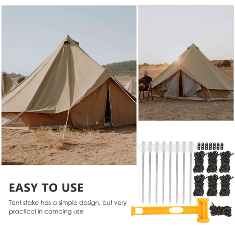 Heavy Duty Tent Stakes and Pegs Kit with Windproof Ropes and Hammer Storage Bag Included for securing tent on dry terrain.