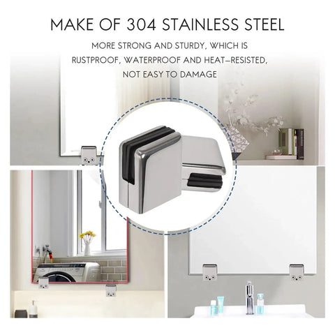 Close-up of 8 Pack 304 Stainless Steel Glass Clamps securing mirrors, showcasing adjustable flat back brackets for durability.