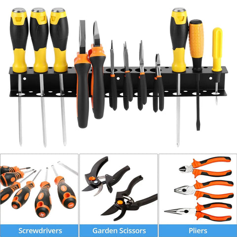 Heavy Duty Wall Mounted Tool Organizer for Garage and Workshop Pliers And Screwdriver Holder 15.75 Inch Dual Layer Steel Rack Rust Resistant Keeps Tools Neatly In Place And Ready To Grab with multiple tools mounted