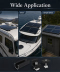 Aluminum Solar Panel Mounting Brackets Kit With 4.72 Inch Rails And Clamps on RV, boat, and shed roofs, rust resistant hardware.