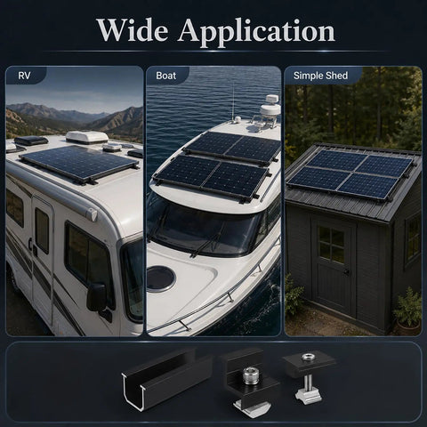 Aluminum Solar Panel Mounting Brackets Kit With 4.72 Inch Rails And Clamps on RV, boat, and shed roofs, rust resistant hardware.