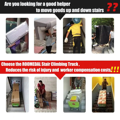 Powerful Electric Stair Climbing Hand Truck Dolly With 880 Pound Heavy Duty Load Capacity And 1200 Watt Motor For Easy Furniture Moving in action with various furniture loads.
