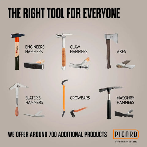 Display of various tools including engineers hammers, claw hammers, axes, slater's hammers, crowbars, and masonry hammers.