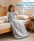 Toddler wearing grey Toddler Sleep Sack 1.0 TOG For 2T 3T 4T on a bed, showing two-way zippers and cozy fit for safe sleep.