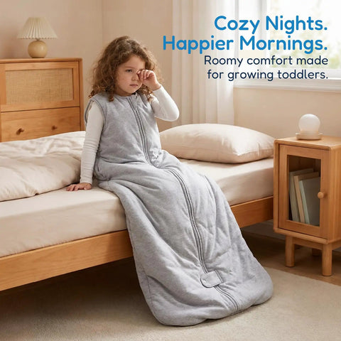 Toddler wearing grey Toddler Sleep Sack 1.0 TOG For 2T 3T 4T on a bed, showing two-way zippers and cozy fit for safe sleep.