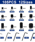 105 Piece Screws Set With Hex Wrenches, M3 M4 M5 M6 M8 Size Range, showing 12 screw sizes and hex wrenches, DIY repairs kit
