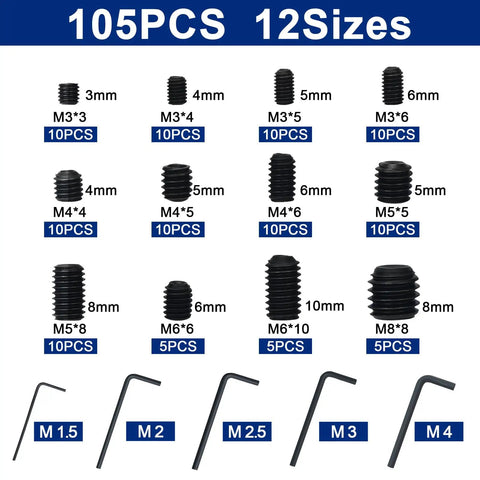 105 Piece Screws Set With Hex Wrenches, M3 M4 M5 M6 M8 Size Range, showing 12 screw sizes and hex wrenches, DIY repairs kit