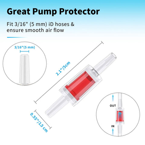 Pro Grade 25 Ft Three Sixteenth Inch Aquarium Air Hose Kit check valve connector with dimensions shown