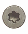 Built Different Stainless Steel Deck Screws Bugle Head Star Drive Partial Thread Bright Finish Tough As Nails Wood Fencing Composite Board Assembly Outdoor Project No Sweat Installation Heavy Duty Fasteners 50 Pack Size 12 By 4 Inch Type Seventeen Point showing the star drive head profile.