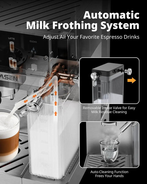 Close-up of automatic milk frother in use on 20 Bar Espresso Machine With Automatic Milk Frother For Cappuccino And Latte.
