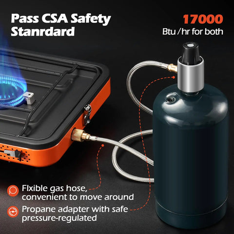 Portable Two Burner Camping Stove Propane 17000 BTU Per Hour Outdoor Stove with propane tank and flexible gas hose