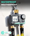 No Fuss Dual Outlet Hose Timer For Yard Watering With Two Zone Scheduling, Brass Water Timer close-up showing LCD and mode knobs