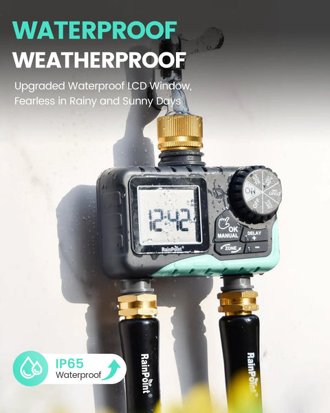 No Fuss Dual Outlet Hose Timer For Yard Watering With Two Zone Scheduling, Brass Water Timer close-up showing LCD and mode knobs