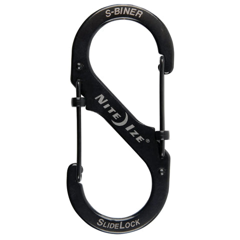 Black stainless steel Dual S Biner Slide Lock Carabiner with two gate clips for keys, backpack or gear, 75 lb capacity