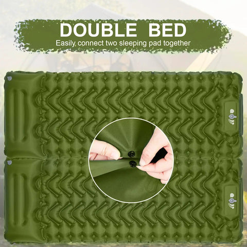 Ultralight Camping Sleeping Pad With Built-In Pump For Backpacking, Inflatable Air Pad joined to form double bed, green.
