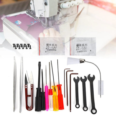 Pro Grade Overlock Sewing Machine Maintenance Tool Kit With Storage Box, 14 Essential Tools for Cleaning and Repair displayed