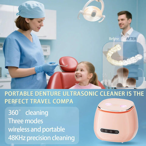 48kHz Ultrasonic Retainer Cleaner For Dentures And Aligners, Seriously Cleans Bacteria And Grime From Tiny Crevices, Safe For Braces, Easy Daily Dental Care Gadget That Keeps Your Smile Fresh And Ready For The Day, pink portable 200ml unit
