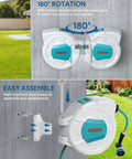 Retractable Garden Hose Reel With Wall Mount 100 Ft Half Inch Hose, 10 Pattern Nozzle, Brass Connector, 180 Degree Swivel