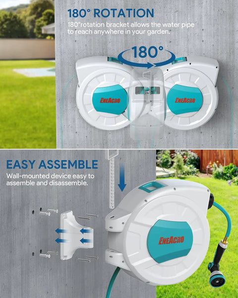 Retractable Garden Hose Reel With Wall Mount 100 Ft Half Inch Hose, 10 Pattern Nozzle, Brass Connector, 180 Degree Swivel