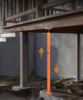 Orange steel telescoping house floor jack post under deck; adjustable 53–93 in height, 18,000 lb capacity