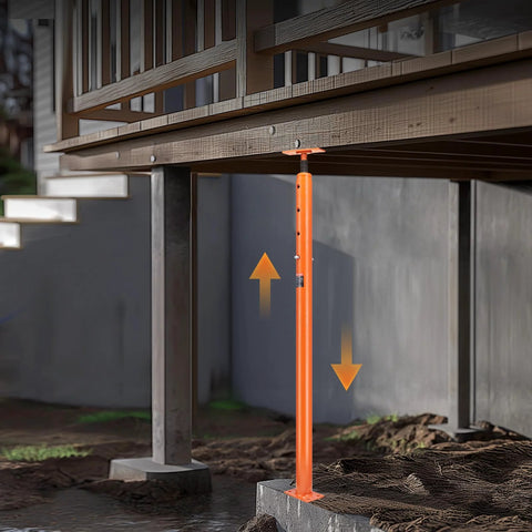 Orange steel telescoping house floor jack post under deck; adjustable 53–93 in height, 18,000 lb capacity