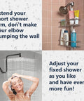 Split image showing Oil Rubbed Bronze 12 Inch Rain Shower Head With Adjustable Extension Arm, woman showering