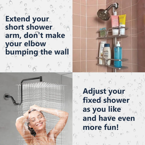Split image showing Oil Rubbed Bronze 12 Inch Rain Shower Head With Adjustable Extension Arm, woman showering