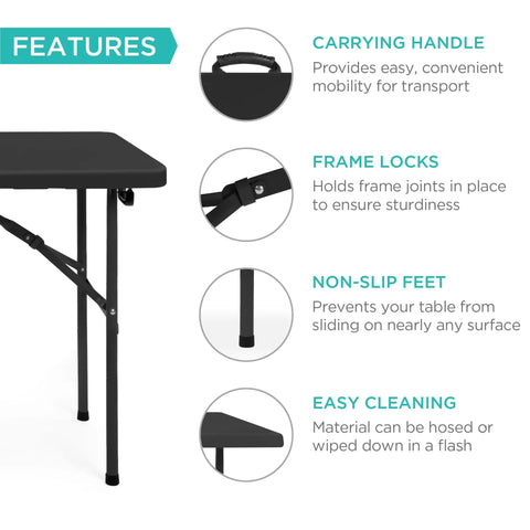 Four Foot Plastic Folding Table Heavy Duty Portable With Carry Handle Ideal For Indoor Outdoor Use features diagram
