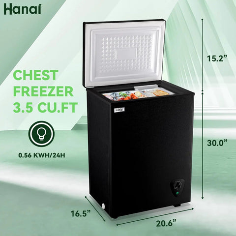 Compact Black Chest Freezer With 3.5 Cubic Feet Capacity, Space Saving Top Open Design, Hella Roomy Interior For Meat And Seafood Stashes, Plus Adjustable Thermostat To Keep Groceries Locked And Loaded Year Round, visible with open lid and storage boxes.