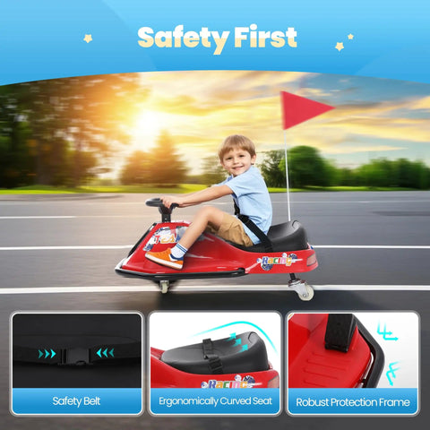 Child riding 24V Electric Drifting Go Kart For Kids 3 And Up With Glowing Wheels Two Speed Switch Anti Rollover Safety Indoor Outdoor Ride On Car Up To 175 Lbs Red