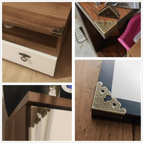 Four Pack Slick Antique Bronze Corner Protectors Heavy Duty Zinc Alloy Edge Guards For Furniture Tables And Wooden Boxes on table edges.