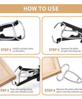 Step-by-step guide for using Miter Spring Clamps Kit for Woodworking with pliers and carabiner on a wooden picture frame corner.