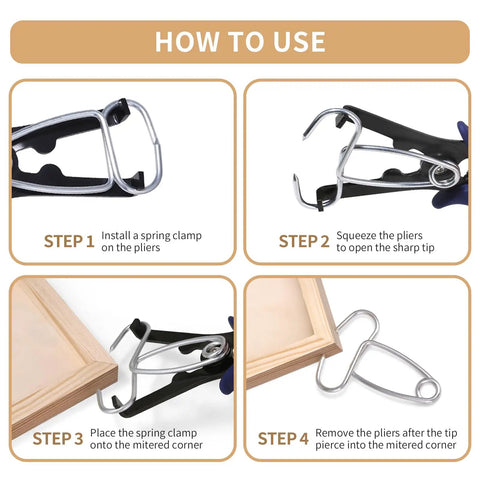Step-by-step guide for using Miter Spring Clamps Kit for Woodworking with pliers and carabiner on a wooden picture frame corner.