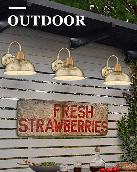 Two Pack Outdoor Wall Sconces Barn Style Light Fixtures With Hammered Metal Shade In Antique Brass Finish on patio