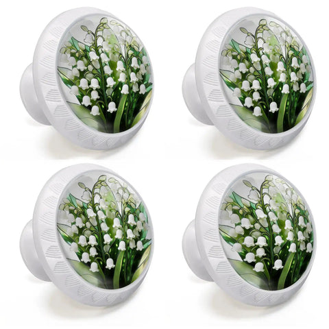 4 Pack Lily Of The Valley Cabinet Knobs Set For Kitchen And Bathroom Stained Glass Style White Bell Flowers With Green Leaves