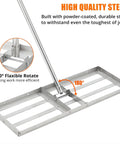 48 Inch By 10 Inch Stainless Steel Lawn Leveling Rake With 180 Degree Rotating Head And 6 Ft Handle, shown with rotation feature.