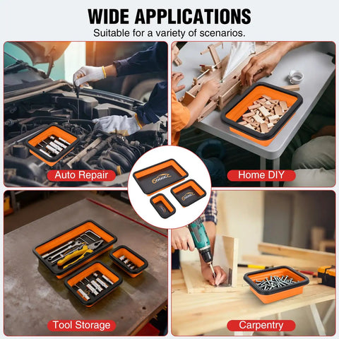 Orange Silicone Collapsible Magnetic Parts Tray Set In Three Sizes, used in auto repair, home DIY, tool storage, carpentry.