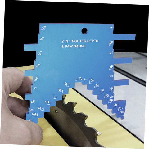 Hand holding aluminum Table Saw Setup Blocks And Depth Gauge Aluminum Alloy Woodworking Small Square near saw blade