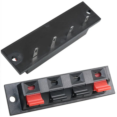 4 Pack Large Size Spring Push Speaker Terminal Block For No Fuss Wiring, black block with red and black polarity visible
