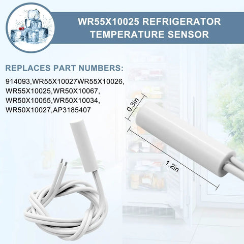 WR55X10025 Refrigerator Temperature Sensor, part of the Refrigerator Defrost Heater Kit With Temperature Sensor And High Limit Thermostat Replacement Parts Keeps Your Fridge Frost Free WR51X10055 WR55X10025 WR50X10068 For General Electric.