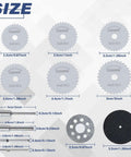 Do It All Rotary Tool Cutting Wheel Set With HSS Circular Blades, Resin Discs And Diamond Wheels, sizes shown for various blades